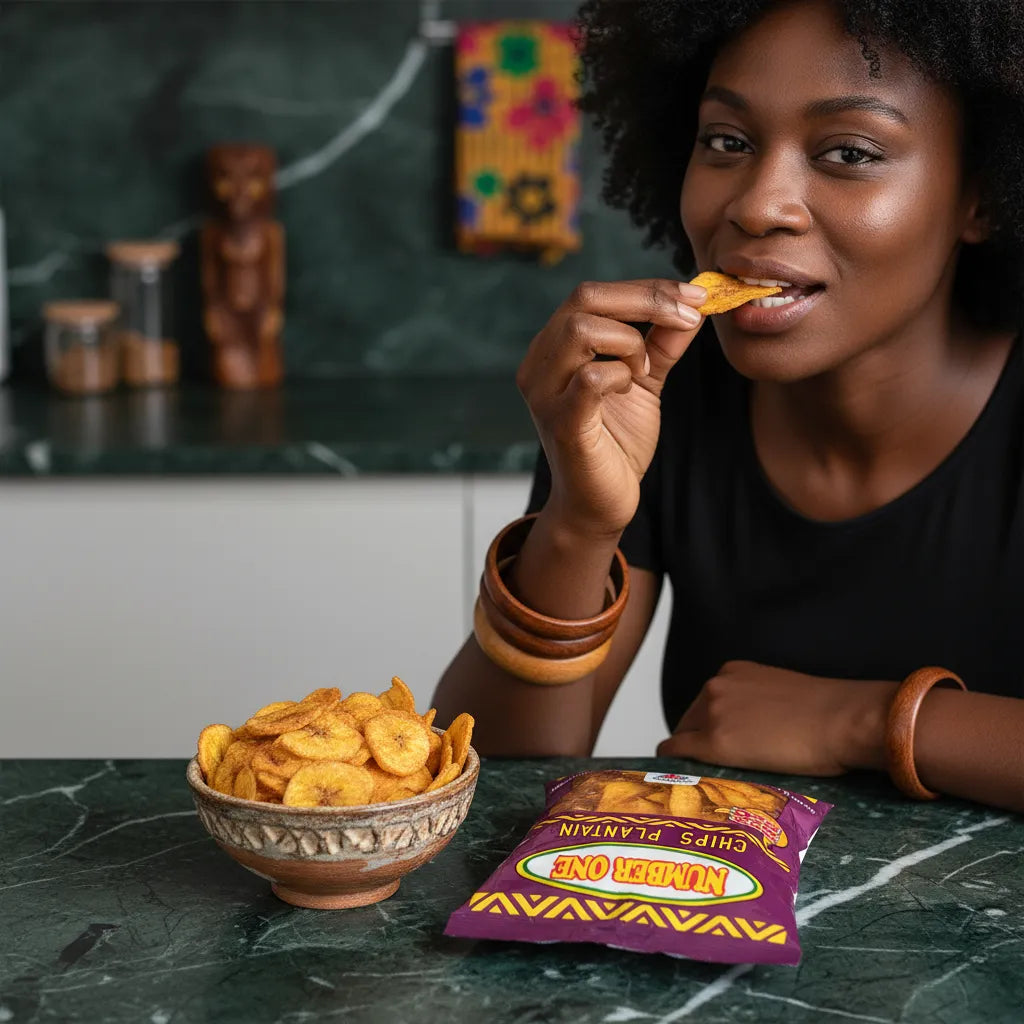 Femme dégustant des chips de plantain au BBQ N°1, snack croustillant et savoureux à base de plantain et d'épices BBQ.